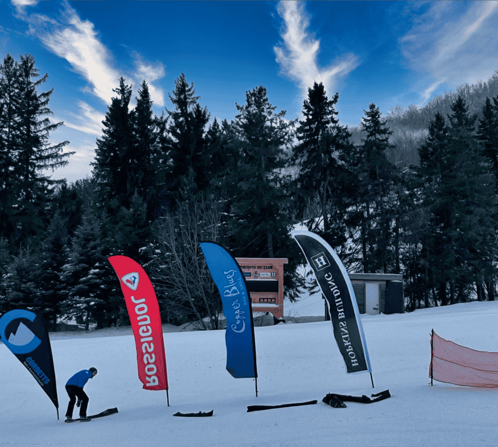 Skier on snowy hill with banners and trees